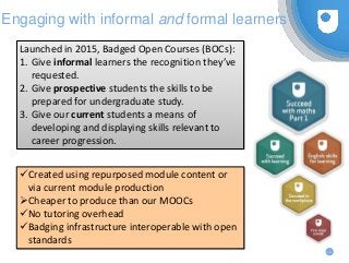13
Engaging with informal and formal learners
Launched in 2015, Badged Open Courses (BOCs):
1. Give informal learners the ...