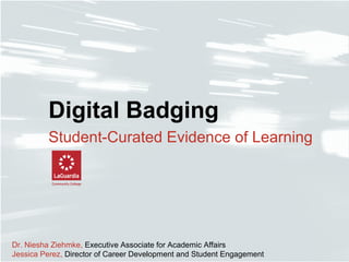 Digital Badging
Student-Curated Evidence of Learning
Dr. Niesha Ziehmke, Executive Associate for Academic Affairs
Jessica Perez, Director of Career Development and Student Engagement
 