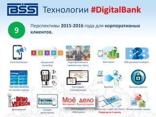 Push-Notificator Кредитный
конвейер
Корпоративные и
таможенные карты
Факторинг
Торговля валютой
по онлайн курсам
Эквайринг Календарь
планирования
B2B документооборот
Биллинг
9
Перспективы 2015-2016 года для корпоративных
клиентов.
Личный кабинет
1 2 3 4 5
Демоверсия Онлайн
регистратор
Интеграция с
«Моё дело»
Мигратор с «ДБО BS-Client»
Переход за 1 месяц
Новые онлайн заявки
Технологии #DigitalBank
 