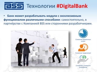 • Банк может разрабатывать модули с эксклюзивным
функционалом различными способами: самостоятельно, в
партнёрстве с Компанией BSS или сторонними разработчиками.
Снижение временных
затрат
Снижение трудозатрат
Снижение стоимости
разработки
Технологии #DigitalBank
 