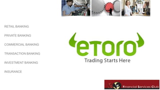 RETAIL BANKING 
PRIVATE BANKING 
COMMERCIAL BANKING 
TRANSACTION BANKING 
INVESTMENT BANKING 
INSURANCE 
 