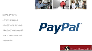 RETAIL BANKING 
PRIVATE BANKING 
COMMERCIAL BANKING 
TRANSACTION BANKING 
INVESTMENT BANKING 
INSURANCE 
 