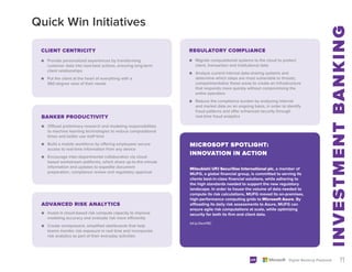 Quick Win Initiatives
11
Digital Banking Playbook
REGULATORY COMPLIANCE
●
● Migrate computational systems to the cloud to protect
client, transaction and institutional data
●
● Analyze current internal data-sharing systems and
determine which steps are most vulnerable to threats;
compartmentalize these areas to create an infrastructure
that responds more quickly without compromising the
entire operation
●
● Reduce the compliance burden by analyzing internal
and market data on an ongoing basis, in order to identify
fraud patterns and offer enhanced security through
real-time fraud analytics
BANKER PRODUCTIVITY
●
● Offload preliminary research and modeling responsibilities
to machine learning technologies to reduce computational
times and better use staff time
●
● Build a mobile workforce by offering employees secure
access to real-time information from any device
●
● Encourage inter-departmental collaboration via cloud-
based workstream platforms, which share up-to-the-minute
information and updates to expedite document
preparation, compliance review and regulatory approval
ADVANCED RISK ANALYTICS
●
● Invest in cloud-based risk compute capacity to improve
modeling accuracy and evaluate risk more efficiently
●
● Create omnipresent, simplified dashboards that help
teams monitor risk exposure in real time and incorporate
risk analytics as part of their everyday activities
MICROSOFT SPOTLIGHT:
INNOVATION IN ACTION
Mitsubishi UFJ Securities International plc, a member of
MUFG, a global financial group, is committed to serving its
clients best-in-class financial solutions, while adhering to
the high standards needed to support the new regulatory
landscape. In order to house the volume of data needed to
compute its risk calculations, MUFG moved its on-premises,
high-performance computing grids to Microsoft Azure. By
offloading its daily risk assessments to Azure, MUFG can
ensure agile risk computations at scale, while optimizing
security for both its firm and client data.
bit.ly/2wxI19C
CLIENT CENTRICITY
●
● Provide personalized experiences by transforming
customer data into next-best actions, ensuring long-term
client relationships
●
● Put the client at the heart of everything with a
360-degree view of their needs
 