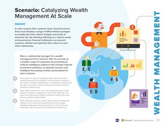 1
2
3
Peter begins his day by reading the latest client investment
reports generated by the platform. They provide an analysis of
the week’s investment performance, a combination of trades that
had gains and losses, and the analytical predictions based on
collected contextual data.
Peter makes adjustments to his client portfolios based on the
platform’s predictive suggestions, which Peter approves. The
system then generates updated investment reports and sends
them to portfolio-holding clients.
While checking in with his clients, Peter’s personal dashboard
notifies him of a new client assignment from his manager,
displaying aggregate information about the client’s personal
information, past investments and investment preferences.
17
Digital Banking Playbook
In order to grow their customer base, financial service
firms must develop a range of differentiated packages
to complement their clients’ budgets and levels of
assumed risk. By matching offerings to a client’s needs
and parameters, financial institutions can prevent
customer attrition and optimize their return on each
client relationship.
Scenario: Catalyzing Wealth
Management At Scale
INSIGHT
Peter, a relationship manager for a wealth
management firm, wants to offer his services to
a broader scope of customers by promoting an
artificial intelligence platform that includes tailored
investment portfolios, on-demand services and
intelligent forecasting models, personalized for
each customer.
 