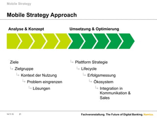 Mobile Strategy

Mobile Strategy Approach
Analyse & Konzept

Ziele

Plattform Strategie

Zielgruppe
Kontext der Nutzung
Problem eingrenzen
Lösungen

14.11.13

Umsetzung & Optimierung

21

Lifecycle
Erfolgsmessung
Ökosystem
Integration in
Kommunikation &
Sales

Fachveranstaltung. The Future of Digital Banking. Namics.

 