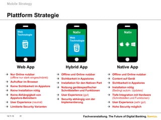 Mobile Strategy

Plattform Strategie
Web
Technologie

Nativ

Nativ

Web
Technologie

Web App

Hybrid App

Native App

à  Nur Online nutzbar
(offline nur stark eingeschränkt)

à  Offline und Online nutzbar

à  Offline und Online nutzbar

à  Sichtbarkeit in Appstores

à  Content auf Gerät

à  Aufrufbar im Browser

à  Installation für den Nativen Part

à  Sichtbarkeit in Appstores

à  Keine Sichtbarkeit im Appstore

à  Nutzung gerätespezifischer
Schnittstellen und Funktionen

à  Installation nötig
(Bedingt autom. Updates)

à  User Experience (gut)

à  Tiefe Integration mit Hardware
(Schnittstellen und Funktionen)

à  Keine Installation nötig
à  Keine Abhängigkeit von
Appstore-Betreibern
à  User Experience (neutral)
à  Limitierte Security Varianten

14.11.13

31

à  Security abhängig von der
Implementierung

à  User Experience (sehr gut)
à  Hohe Security möglich

Fachveranstaltung. The Future of Digital Banking. Namics.

 