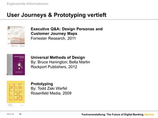 Ergänzende Informationen

User Journeys & Prototyping vertieft
Executive Q&A: Design Personas and
Customer Journey Maps 
Forrester Research, 2011

Universal Methods of Design
By: Bruce Hanington; Bella Martin
Rockport Publishers, 2012

Prototyping
By: Todd Zaki Warfel
Rosenfeld Media, 2009

14.11.13

56

Fachveranstaltung. The Future of Digital Banking. Namics.

 