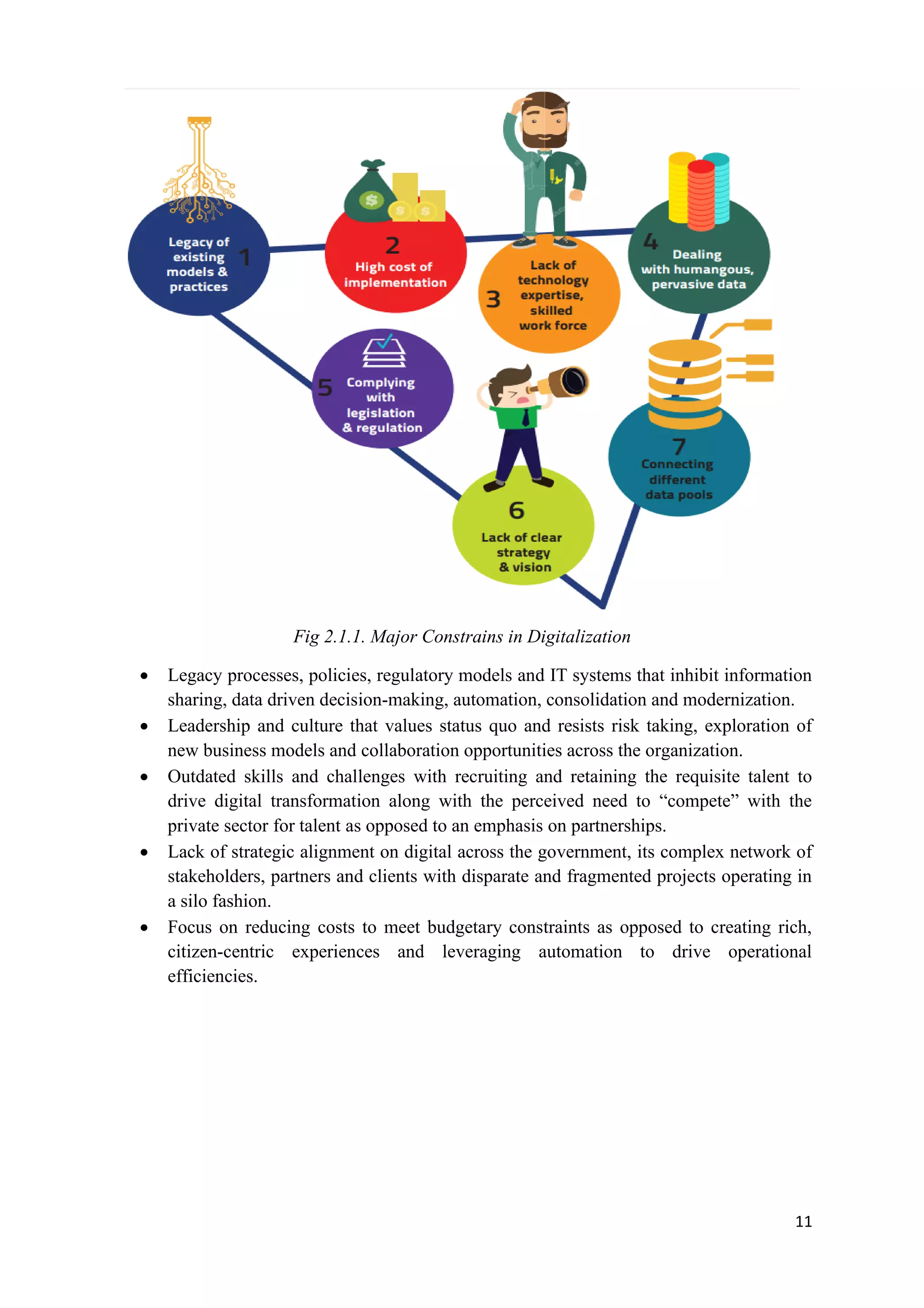 11
Fig 2.1.1. Major Constrains in Digitalization
• Legacy processes, policies, regulatory models and IT systems that inhibit information
sharing, data driven decision-making, automation, consolidation and modernization.
• Leadership and culture that values status quo and resists risk taking, exploration of
new business models and collaboration opportunities across the organization.
• Outdated skills and challenges with recruiting and retaining the requisite talent to
drive digital transformation along with the perceived need to “compete” with the
private sector for talent as opposed to an emphasis on partnerships.
• Lack of strategic alignment on digital across the government, its complex network of
stakeholders, partners and clients with disparate and fragmented projects operating in
a silo fashion.
• Focus on reducing costs to meet budgetary constraints as opposed to creating rich,
citizen-centric experiences and leveraging automation to drive operational
efficiencies.
 