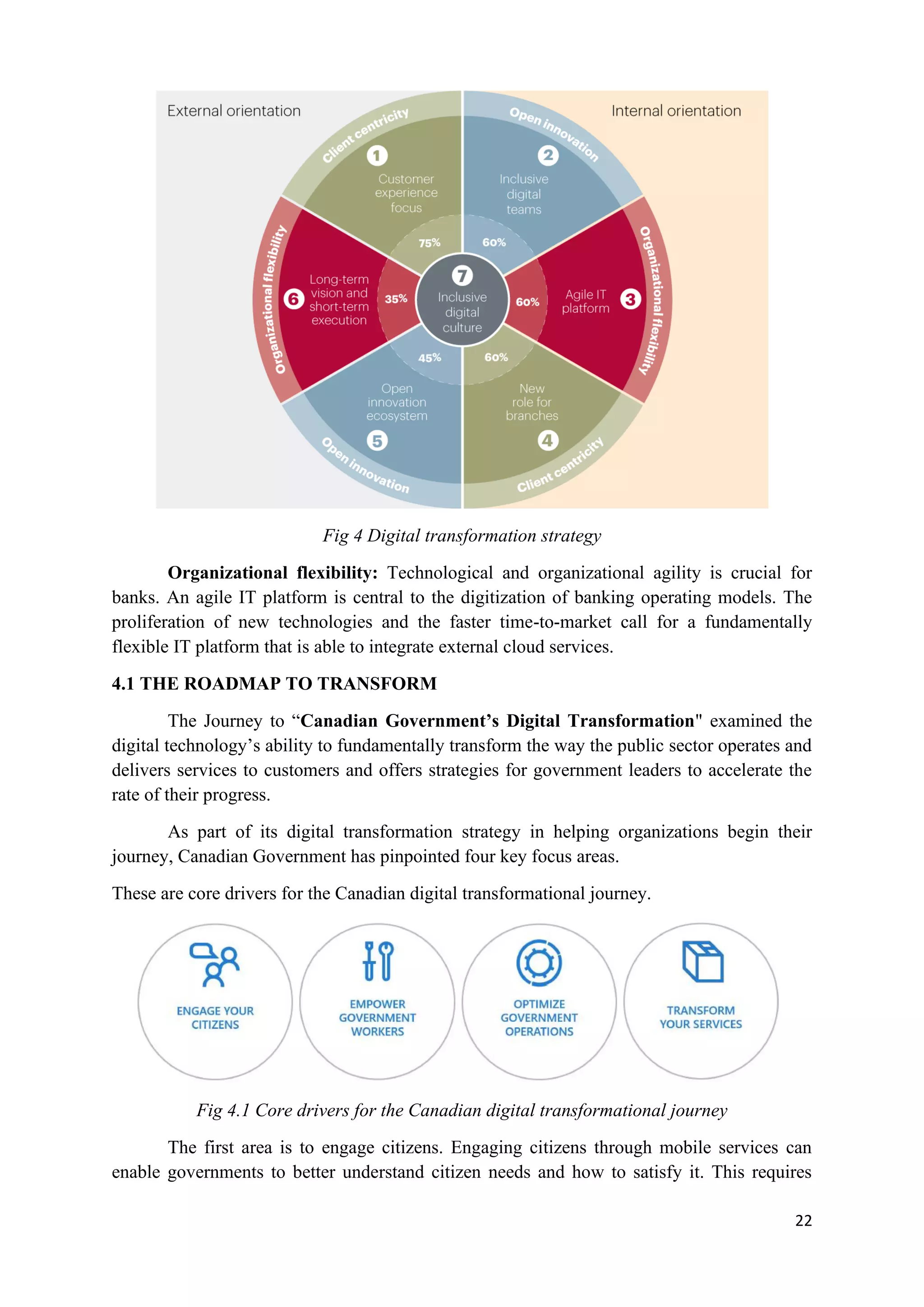 22
Fig 4 Digital transformation strategy
Organizational flexibility: Technological and organizational agility is crucial for
banks. An agile IT platform is central to the digitization of banking operating models. The
proliferation of new technologies and the faster time-to-market call for a fundamentally
flexible IT platform that is able to integrate external cloud services.
4.1 THE ROADMAP TO TRANSFORM
The Journey to “Canadian Government’s Digital Transformation" examined the
digital technology’s ability to fundamentally transform the way the public sector operates and
delivers services to customers and offers strategies for government leaders to accelerate the
rate of their progress.
As part of its digital transformation strategy in helping organizations begin their
journey, Canadian Government has pinpointed four key focus areas.
These are core drivers for the Canadian digital transformational journey.
Fig 4.1 Core drivers for the Canadian digital transformational journey
The first area is to engage citizens. Engaging citizens through mobile services can
enable governments to better understand citizen needs and how to satisfy it. This requires
 