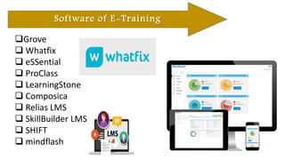 Grove
 Whatfix
 eSSential
 ProClass
 LearningStone
 Composica
 Relias LMS
 SkillBuilder LMS
 SHIFT
 mindflash
Software of E-Training
 