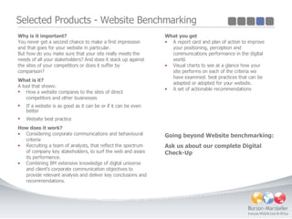 Selected Products - Website Benchmarking ,[object Object],[object Object],[object Object],[object Object],[object Object],[object Object],[object Object],[object Object],[object Object],[object Object],[object Object],[object Object],[object Object],[object Object],[object Object],[object Object],[object Object],[object Object],[object Object],[object Object],Going beyond Website benchmarking:  Ask us about our complete Digital Check-Up 
