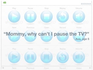 49




“Mommy, why can’t I pause the TV?”
                            Ava, age 5
 