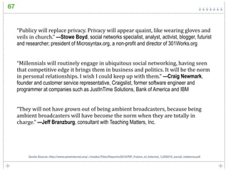 67


     “Publicy will replace privacy. Privacy will appear quaint, like wearing gloves and 
     veils in church.” —Stowe Boyd, social networks specialist, analyst, activist, blogger, futurist
     and researcher; president of Microsyntax.org, a non-profit and director of 301Works.org


     “Millennials will routinely engage in ubiquitous social networking, having seen 
     that competitive edge it brings them in business and politics. It will be the norm 
     in personal relationships. I wish I could keep up with them.” —Craig Newmark,
     founder and customer service representative, Craigslist, former software engineer and
     programmer at companies such as JustInTime Solutions, Bank of America and IBM


     “They will not have grown out of being ambient broadcasters, because being 
     ambient broadcasters will have become the norm when they are totally in 
     charge.” —Jeff Branzburg, consultant with Teaching Matters, Inc.




          Quote Source: http://www.pewinternet.org/~/media//Files/Reports/2010/PIP_Future_of_Internet_%202010_social_relations.pdf
 