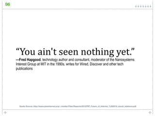 96




     “You ain't seen nothing yet.” 
     —Fred Hapgood, technology author and consultant, moderator of the Nanosystems
     Interest Group at MIT in the 1990s, writes for Wired, Discover and other tech
     publications




       Quote Source: http://www.pewinternet.org/~/media//Files/Reports/2010/PIP_Future_of_Internet_%202010_social_relations.pdf
 