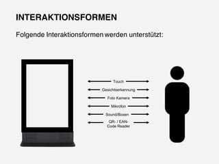 INTERAKTIONSFORMEN
Folgende Interaktionsformen werden unterstützt:
Touch
Gesichtserkennung
Foto  Kamera
Mikrofon
Sound/Boxen
QR-­ /  EAN-­
Code  Reader
 