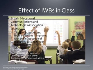 Effect of IWBs in ClassBritish Educational Communications and Technologies Association survey:“Student attention and focus on lessons is improved with the introduction of digital images and text on the interactive whiteboards.” "Interactive Whiteboards and Learning." Smart Tech. SMART Technologies Inc., Mar. 2006. Web. 1 Mar. 2010.http://sites.arbor.edu/oat/2009/12/04/smart-board-resources/files/2009/12/Second_Picture.jpg