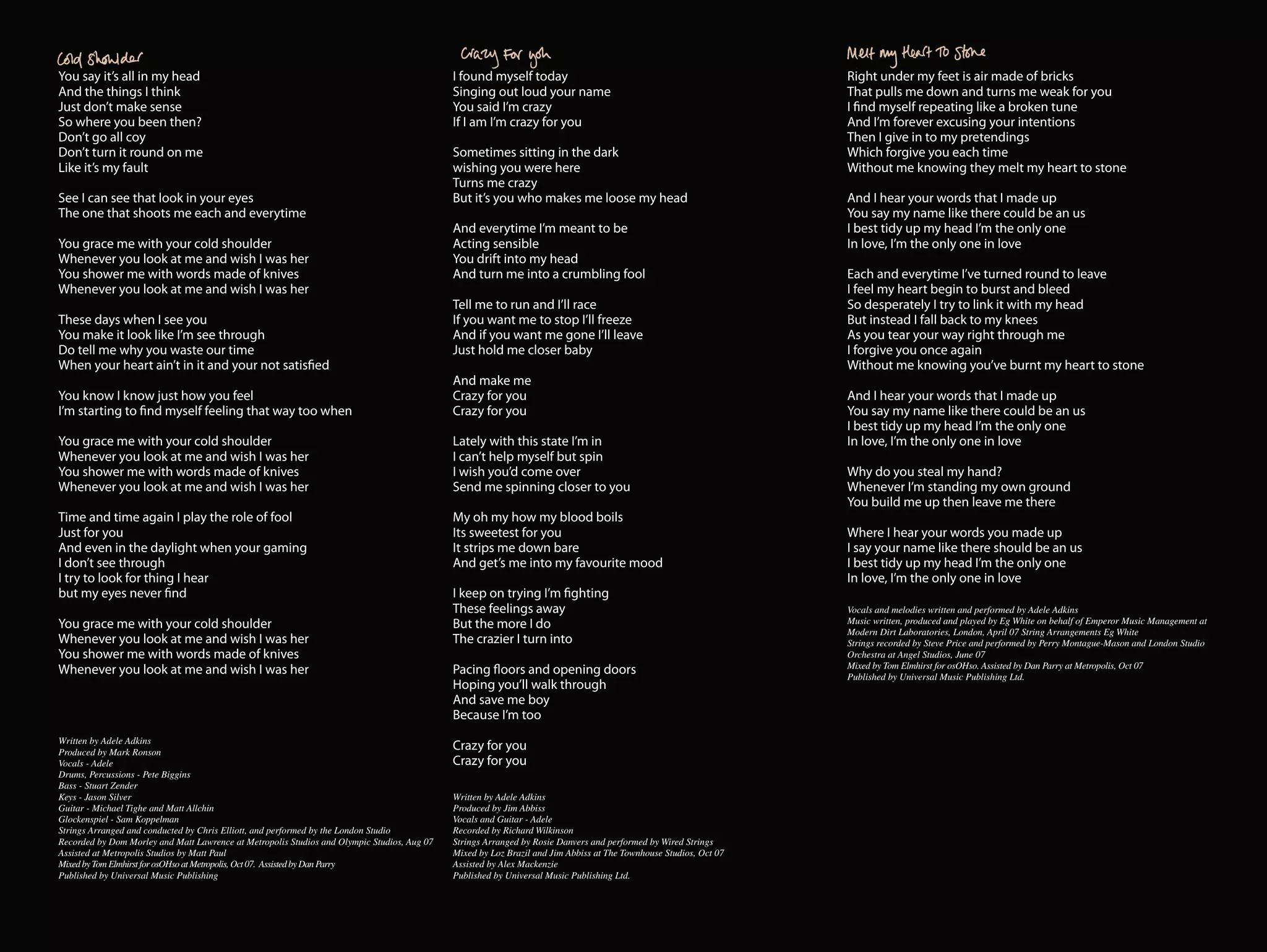 You say it’s all in my head                                                                  I found myself today                                                  Right under my feet is air made of bricks
And the things I think                                                                       Singing out loud your name                                            That pulls me down and turns me weak for you
Just don’t make sense                                                                        You said I’m crazy                                                    I find myself repeating like a broken tune
So where you been then?                                                                      If I am I’m crazy for you                                             And I’m forever excusing your intentions
Don’t go all coy                                                                                                                                                   Then I give in to my pretendings
Don’t turn it round on me                                                                    Sometimes sitting in the dark                                         Which forgive you each time
Like it’s my fault                                                                           wishing you were here                                                 Without me knowing they melt my heart to stone
                                                                                             Turns me crazy
See I can see that look in your eyes                                                         But it’s you who makes me loose my head                               And I hear your words that I made up
The one that shoots me each and everytime                                                                                                                          You say my name like there could be an us
                                                                                             And everytime I’m meant to be                                         I best tidy up my head I’m the only one
You grace me with your cold shoulder                                                         Acting sensible                                                       In love, I’m the only one in love
Whenever you look at me and wish I was her                                                   You drift into my head
You shower me with words made of knives                                                      And turn me into a crumbling fool                                     Each and everytime I’ve turned round to leave
Whenever you look at me and wish I was her                                                                                                                         I feel my heart begin to burst and bleed
                                                                                             Tell me to run and I’ll race                                          So desperately I try to link it with my head
These days when I see you                                                                    If you want me to stop I’ll freeze                                    But instead I fall back to my knees
You make it look like I’m see through                                                        And if you want me gone I’ll leave                                    As you tear your way right through me
Do tell me why you waste our time                                                            Just hold me closer baby                                              I forgive you once again
When your heart ain’t in it and your not satisfied                                                                                                                 Without me knowing you’ve burnt my heart to stone
                                                                                             And make me
You know I know just how you feel                                                            Crazy for you                                                         And I hear your words that I made up
I’m starting to find myself feeling that way too when                                        Crazy for you                                                         You say my name like there could be an us
                                                                                                                                                                   I best tidy up my head I’m the only one
You grace me with your cold shoulder                                                         Lately with this state I’m in                                         In love, I’m the only one in love
Whenever you look at me and wish I was her                                                   I can’t help myself but spin
You shower me with words made of knives                                                      I wish you’d come over                                                Why do you steal my hand?
Whenever you look at me and wish I was her                                                   Send me spinning closer to you                                        Whenever I’m standing my own ground
                                                                                                                                                                   You build me up then leave me there
Time and time again I play the role of fool                                                  My oh my how my blood boils
Just for you                                                                                 Its sweetest for you                                                  Where I hear your words you made up
And even in the daylight when your gaming                                                    It strips me down bare                                                I say your name like there should be an us
I don’t see through                                                                          And get’s me into my favourite mood                                   I best tidy up my head I’m the only one
I try to look for thing I hear                                                                                                                                     In love, I’m the only one in love
but my eyes never find                                                                       I keep on trying I’m fighting
                                                                                             These feelings away                                                   Vocals and melodies written and performed by Adele Adkins
You grace me with your cold shoulder                                                         But the more I do                                                     Music written, produced and played by Eg White on behalf of Emperor Music Management at
                                                                                                                                                                   Modern Dirt Laboratories, London, April 07 String Arrangements Eg White
Whenever you look at me and wish I was her                                                   The crazier I turn into                                               Strings recorded by Steve Price and performed by Perry Montague-Mason and London Studio
You shower me with words made of knives                                                                                                                            Orchestra at Angel Studios, June 07
                                                                                                                                                                   Mixed by Tom Elmhirst for osOHso. Assisted by Dan Parry at Metropolis, Oct 07
Whenever you look at me and wish I was her                                                   Pacing floors and opening doors                                       Published by Universal Music Publishing Ltd.
                                                                                             Hoping you’ll walk through
                                                                                             And save me boy
                                                                                             Because I’m too
Written by Adele Adkins
Produced by Mark Ronson
                                                                                             Crazy for you
Vocals - Adele                                                                               Crazy for you
Drums, Percussions - Pete Biggins
Bass - Stuart Zender
Keys - Jason Silver                                                                          Written by Adele Adkins
Guitar - Michael Tighe and Matt Allchin                                                      Produced by Jim Abbiss
Glockenspiel - Sam Koppelman                                                                 Vocals and Guitar - Adele
Strings Arranged and conducted by Chris Elliott, and performed by the London Studio          Recorded by Richard Wilkinson
Recorded by Dom Morley and Matt Lawrence at Metropolis Studios and Olympic Studios, Aug 07   Strings Arranged by Rosie Danvers and performed by Wired Strings
Assisted at Metropolis Studios by Matt Paul                                                  Mixed by Loz Brazil and Jim Abbiss at The Townhouse Studios, Oct 07
Mixed by Tom Elmhirst for osOHso at Metropolis, Oct 07. Assisted by Dan Parry                Assisted by Alex Mackenzie
Published by Universal Music Publishing                                                      Published by Universal Music Publishing Ltd.
 