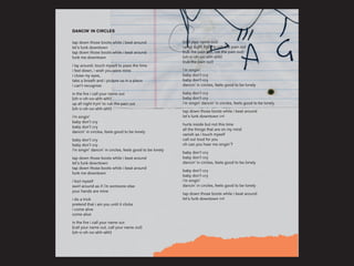 tap down those boots while i beat around
let’s funk downtown
tap down those boots while i beat around
funk me downtown
i lay around, touch myself to pass the time
i feel down, i wish you were mine
i close my eyes,
take a breath and i picture us in a place
i can’t recognize
in the fire i call your name out
(oh-o-oh-oo-ahh-ahh)
up all night tryin' to rub the pain out
(oh-o-oh-oo-ahh-ahh)
i’m singin’
baby don’t cry
baby don’t cry
dancin’ in circles, feels good to be lonely
baby don’t cry
baby don’t cry
i’m singin’ dancin’ in circles, feels good to be lonely
tap down those boots while i beat around
let’s funk downtown
tap down those boots while i beat around
funk me downtown
i fool myself
swirl around as if i’m someone else
your hands are mine
i do a trick
pretend that i am you until it clicks
i come alive
come alive
in the fire i call your name out
(call your name out, call your name out)
(oh-o-oh-oo-ahh-ahh)
DANCIN' IN CIRCLES
(call your name out)
up all night tryin' to rub the pain out
(rub the pain out, rub the pain out)
(oh-o-oh-oo-ahh-ahh)
(rub the pain out)
i’m singin’
baby don’t cry
baby don’t cry
dancin’ in circles, feels good to be lonely
baby don’t cry
baby don’t cry
i’m singin’ dancin’ in circles, feels good to be lonely
tap down those boots while i beat around
let’s funk downtown (x4)
hurts inside but not this time
all the things that are on my mind
vanish as i touch myself
call out loud for you
oh can you hear me singin’?
baby don’t cry
baby don’t cry
dancin’ in circles, feels good to be lonely
baby don’t cry
baby don’t cry
i’m singin’
dancin’ in circles, feels good to be lonely
tap down those boots while i beat around
let’s funk downtown (x4)
 