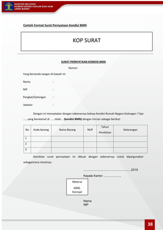 Contoh Format Surat Pernyataan Kondisi BMN
SURAT PERNYATAAN KONDISI BMN
Nomor:
Yang bertanda tangan di bawah ini
Nama :
NIP :
Pangkat/Golongan :
Jabatan :
Dengan ini menyatakan dengan sebenarnya bahwa Kondisi Rumah Negara Golongan I Tipe
..... yang beralamat di ..... telah... (kondisi BMN) dengan rincian sebagai berikut:
No Kode barang Nama Barang NUP
Tahun
Perolehan
Keterangan
1
2
3
Demikian surat pernyataan ini dibuat dengan sebenarnya untuk dipergunakan
sebagaimana mestinya.
......................,..................................2019
Kepala Kantor ....................,
Nama
NIP
KOP SURAT
Meterai
6000,
Stempel
38
 