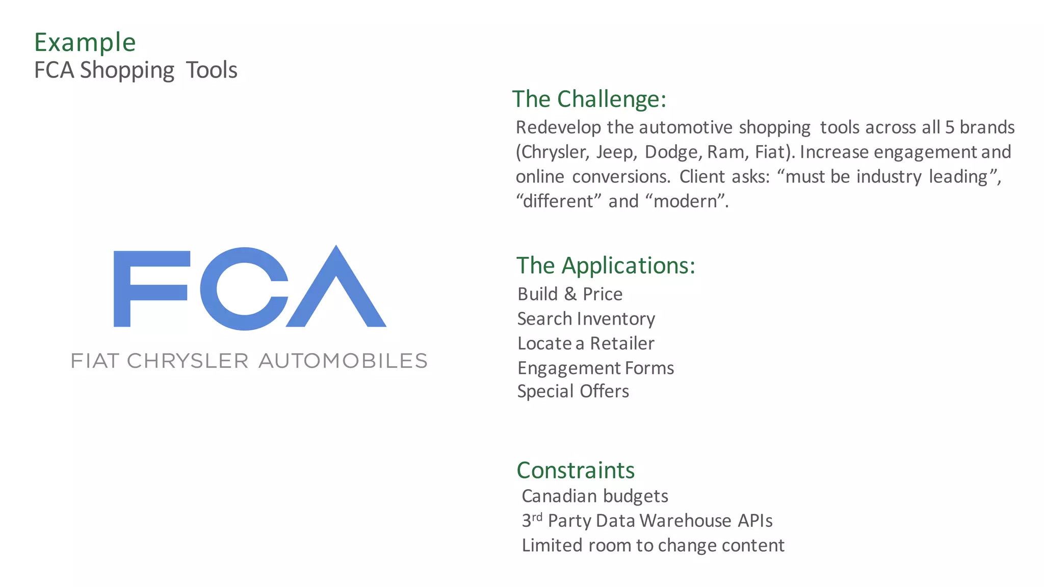 Example	
The	Challenge:
Redevelop	the	automotive	shopping	 tools	across	all	5	brands	
(Chrysler,	Jeep,	Dodge,	Ram,	Fiat).	Increase	engagement	and	
online	conversions.	Client	asks:	“must	be	industry	leading”,	
“different”	and	“modern”.
Constraints
Canadian	budgets
3rd Party	Data	Warehouse	APIs
Limited	room	to	change	content	
The	Applications:
Build	&	Price
Search	Inventory
Locate	a	Retailer
Engagement	Forms
Special	Offers
FCA	Shopping	 Tools
 