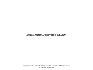 A VISUAL PRESENTATION BY SUDIO SUDARSAN




Originally presented at the CEBMM Singapore 2007. Copyright © 2007 11powerN.co...