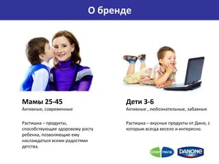 О бренде




Мамы 25-45                       Дети 3-6
Активные, современные            Активные , любознательные, забавные

Растишка – продукты,             Растишка – вкусные продукты от Дино, с
способствующие здоровому росту   которым всегда весело и интересно.
ребенка, позволяющие ему
наслаждаться всеми радостями
детства.
 