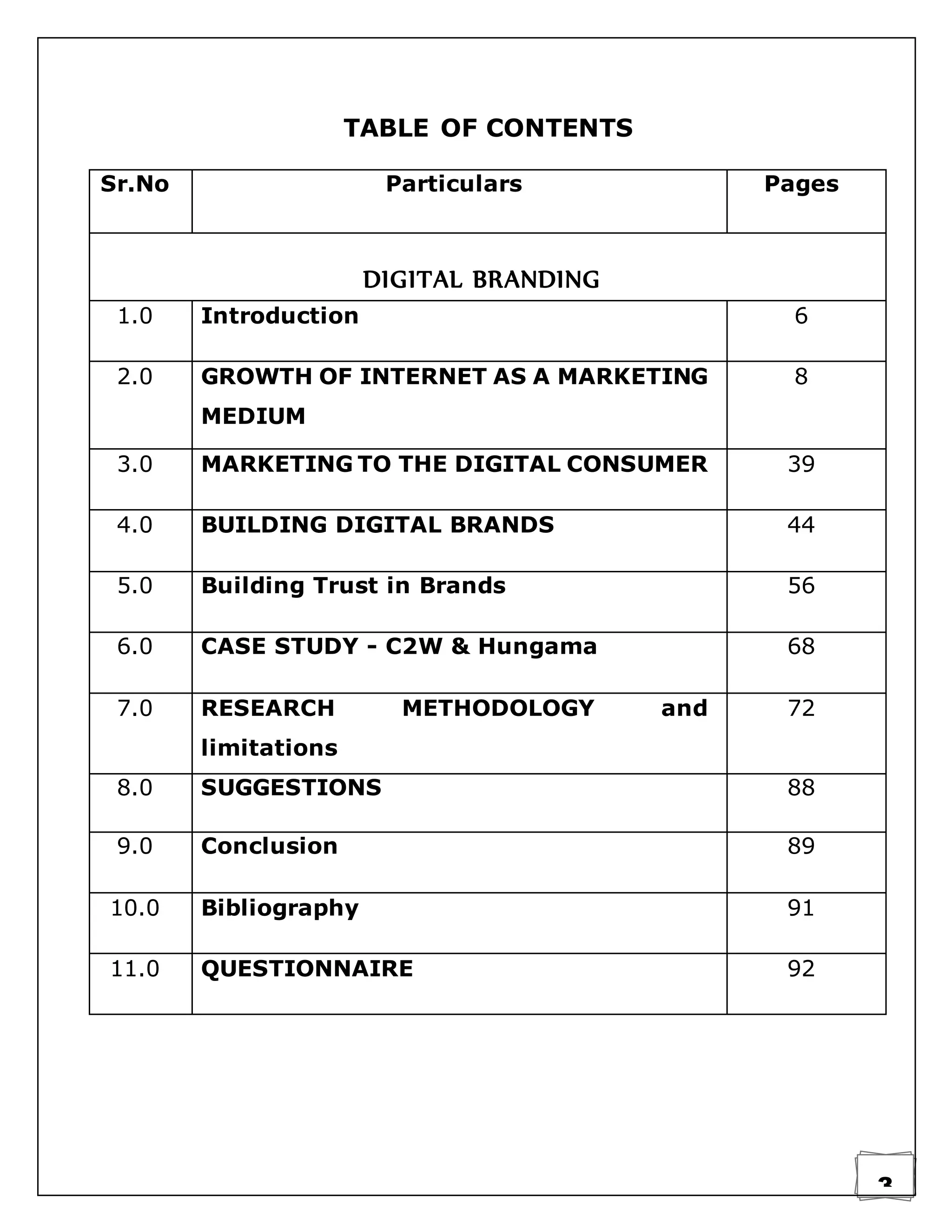 3
TABLE OF CONTENTS
Sr.No Particulars Pages
DIGITAL BRANDING
1.0 Introduction 6
2.0 GROWTH OF INTERNET AS A MARKETING
MEDIUM
8
3.0 MARKETING TO THE DIGITAL CONSUMER 39
4.0 BUILDING DIGITAL BRANDS 44
5.0 Building Trust in Brands 56
6.0 CASE STUDY - C2W & Hungama 68
7.0 RESEARCH METHODOLOGY and
limitations
72
8.0 SUGGESTIONS 88
9.0 Conclusion 89
10.0 Bibliography 91
11.0 QUESTIONNAIRE 92
 