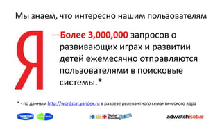 Мы знаем, что интересно нашим пользователям

               ―Более 3,000,000 запросов о
                развивающих играх и развитии
                детей ежемесячно отправляются
                пользователями в поисковые
                системы.*

* - по данным http://wordstat.yandex.ru в разрезе релевантного семантического ядра
 