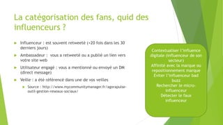 La catégorisation des fans, quid des
influenceurs ?
 Influenceur : est souvent retweeté (+20 fois dans les 30
derniers jours)
 Ambassadeur : vous a retweeté ou a publié un lien vers
votre site web
 Utilisateur engagé : vous a mentionné ou envoyé un DM
(direct message)
 Veille : a été référencé dans une de vos veilles
 Source : http://www.mycommunitymanager.fr/agorapulse-
outil-gestion-reseaux-sociaux/
Contextualiser l’influence
digitale (influenceur de son
secteur)
Affinité avec la marque ou
repositionnement marque
Eviter l’influenceur bad
buzz
Rechercher le micro-
influenceur
Détecter le faux
influenceur
 