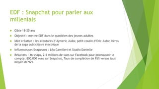 EDF : Snapchat pour parler aux
millenials
 Cible 18-25 ans
 Objectif : mettre EDF dans le quotidien des jeunes adultes
 Idée créative : les aventures d’Aymeric Judor, petit cousin d’Eric Judor, héros
de la saga publicitaire électrique
 Influenceuses Snapeuses : Léa Camilleri et Studio Danielle
 Résultats : 46 snaps, 2.5 millions de vues sur Facebook pour promouvoir le
compte, 800.000 vues sur Snapchat, Taux de complétion de 95% versus taux
moyen de 92%
 
