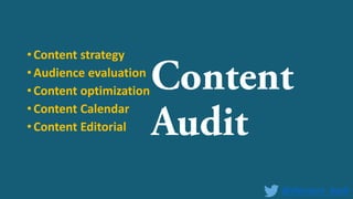 • Content strategy
• Audience evaluation
• Content optimization
• Content Calendar
• Content Editorial
@shereen_badr
 