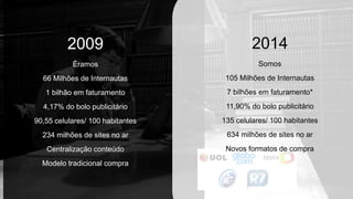 2009
Éramos
66 Milhões de Internautas
1 bilhão em faturamento
4,17% do bolo publicitário
90,55 celulares/ 100 habitantes
234 milhões de sites no ar
Centralização conteúdo
Modelo tradicional compra
2014
Somos
105 Milhões de Internautas
7 bilhões em faturamento*
11,90% do bolo publicitário
135 celulares/ 100 habitantes
634 milhões de sites no ar
Novos formatos de compra
 