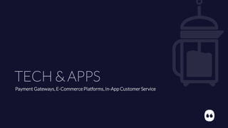 TECH & APPS
Payment Gateways, E-CommercePlatforms, In-App Customer Service
 