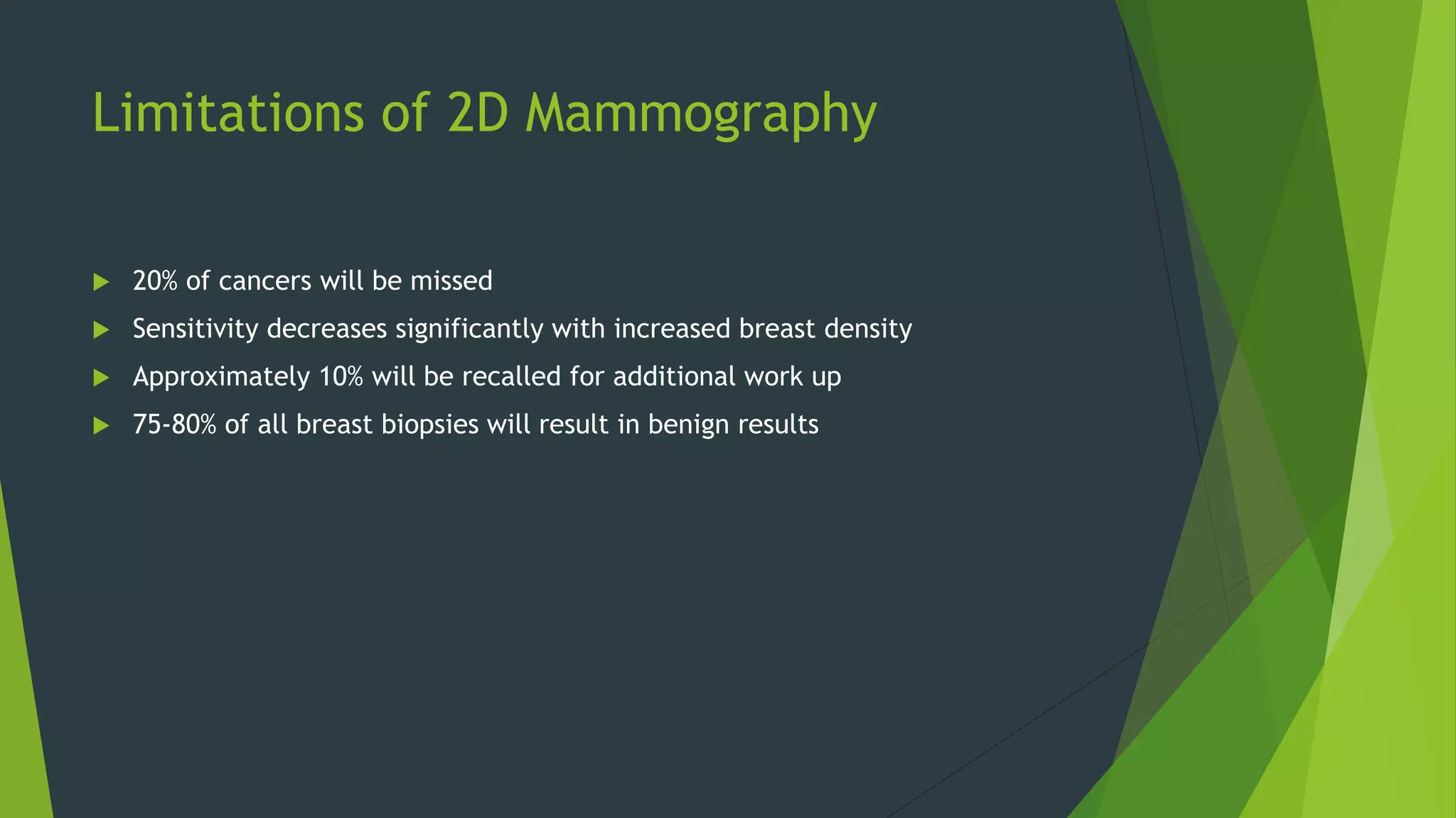 Limitations of 2D Mammography
 20% of cancers will be missed
 Sensitivity decreases significantly with increased breast density
 Approximately 10% will be recalled for additional work up
 75-80% of all breast biopsies will result in benign results
 