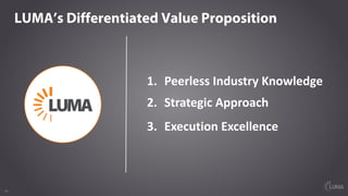 19
LUMA’s Differentiated Value Proposition
1. Peerless	Industry	Knowledge
2. Strategic	Approach
3. Execution	Excellence
 