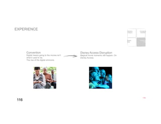 116 
EXPERIENCE 
116 
Redefine 
Category 
Conceptual 
Inspiration 
Shared 
Ideal 
Supportive 
Truth 
Convention 
Digital means going to the movies isn’t 
what it used to be. 
The rise of the digital omnivore. 
Disney Access Disruption 
Magical movie moments still happen. On 
Disney Access. 
 