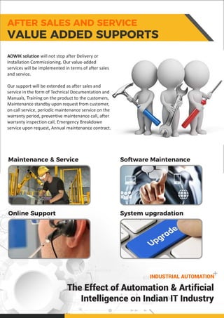 ADWIK solution will not stop after Delivery or
Installation Commissioning. Our value-added
services will be implemented in terms of after sales
and service.
Our support will be extended as after sales and
service in the form of Technical Documentation and
Manuals, Training on the product to the customers,
Maintenance standby upon request from customer,
on call service, periodic maintenance service on the
warranty period, preventive maintenance call, after
warranty inspection call, Emergency Breakdown
service upon request, Annual maintenance contract.
Maintenance & Service Software Maintenance
Online Support System upgradation
The Effect of Automation & Artificial
Intelligence on Indian IT Industry
INDUSTRIAL AUTOMATION+
AFTER SALES AND SERVICE
VALUE ADDED SUPPORTS
 