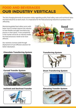 Chocolate Transferring System Transferring System
Curved Transfer System Drum Transferring System
Inclined and Declined Transfer Elevating Transfer System
The fast-changing demands of consumers today regarding quality, food safety, taste and nutritional value
the food industries to work smart. It is imperative for the food processing industries to produce more
efficiently.
Maintaining global food safety norms with
faster time to market requires the industry
to have flexible and agile manufacturing
process in their plants. To be competitive
in the market and to be an industry leader,
the food processors needs to be more
efficient.
Our solutions increase yield through
deployment of cost effective solutions for
better idealization.
FOOD AND BEVERAGES
OUR INDUSTRY VERTICALS
 