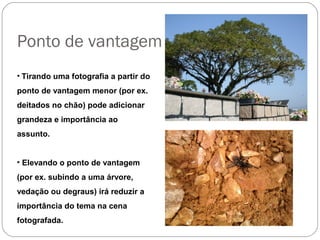 Ponto de vantagem
• Tirando uma fotografia a partir do
ponto de vantagem menor (por ex.
deitados no chão) pode adicionar
grandeza e importância ao
assunto.


• Elevando o ponto de vantagem
(por ex. subindo a uma árvore,
vedação ou degraus) irá reduzir a
importância do tema na cena
fotografada.
 