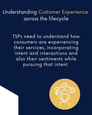 Understanding Customer Experience
across the lifecycle
TSPs need to understand how
consumers are experiencing
their services, incorporating
intent and interactions and
also their sentiments while
pursuing that intent
 