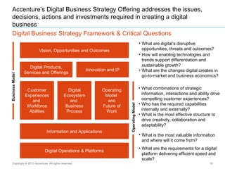 10
Accenture’s Digital Business Strategy Offering addresses the issues,
decisions, actions and investments required in creating a digital
business
Digital Business Strategy Framework & Critical Questions
Copyright © 2013 Accenture All rights reserved.
Vision, Opportunities and Outcomes
Digital Operations & Platforms
Digital Products,
Services and Offerings
Customer
Experiences
and
Workforce
Abilities
Digital
Ecosystem
and
Business
Process
Operating
Model
and
Future of
Work
Information and Applications
• What are digital’s disruptive
opportunities, threats and outcomes?
• How will enabling technologies and
trends support differentiation and
sustainable growth?
• What are the changes digital creates in
go-to-market and business economics?
• What combinations of strategic
information, interactions and ability drive
compelling customer experiences?
• Who has the required capabilities
internally and externally?
• What is the most effective structure to
drive creativity, collaboration and
adaptability?
• What is the most valuable information
and where will it come from?
• What are the requirements for a digital
platform delivering efficient speed and
scale?
Innovation and IP
BusinessModel
OperatingModel
 