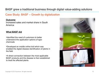 15
BASF grew a traditional business through digital value-adding solutions
Case Study: BASF – Growth by digitalization
Copyright © 2013 Accenture All rights reserved.
What BASF did
•Identified the need of customers to better
understand the application options of agro
chemicals
•Developed an mobile online tool which was
enabled the digital disease identification of plants in
the field
•A direct connection between the most applicable
BASF products and the disease is then established
to treat the affected plants
Outcome
Increased sales and market share in South
America
 