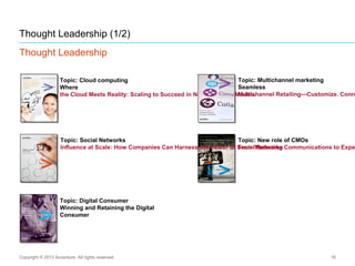 Thought Leadership (1/2)
Thought Leadership
Topic: Cloud computing
Where
the Cloud Meets Reality: Scaling to Succeed in New Business Models
16
Topic: Multichannel marketing
Seamless
Multichannel Retailing—Customize. Conn
Topic: New role of CMOs
From Marketing Communications to Expe
Topic: Social Networks
Influence at Scale: How Companies Can Harness the Power of Social Networks
Topic: Digital Consumer
Winning and Retaining the Digital
Consumer
Copyright © 2013 Accenture All rights reserved.
 