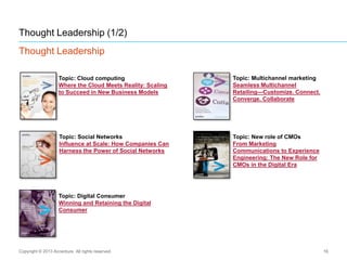 Thought Leadership (1/2)
Thought Leadership
Topic: Cloud computing
Where the Cloud Meets Reality: Scaling
to Succeed in New Business Models
16
Topic: Multichannel marketing
Seamless Multichannel
Retailing—Customize. Connect.
Converge. Collaborate
Topic: New role of CMOs
From Marketing
Communications to Experience
Engineering: The New Role for
CMOs in the Digital Era
Topic: Social Networks
Influence at Scale: How Companies Can
Harness the Power of Social Networks
Topic: Digital Consumer
Winning and Retaining the Digital
Consumer
Copyright © 2013 Accenture All rights reserved.
 