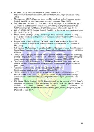 11
 lex Drive (2017). The New Way to Car. [video] Available at:
https://www.youtube.com/channel/UCDtn-IChv8xhcnPUFRLNugw [Accessed 3 Dec.
2017].
 Morethan.com. (2017). Cheap car, home, pet, life, travel and landlord insurance quotes.
[online] Available at: https://www.morethan.com/ [Accessed 7 Dec. 2017].
 MPOWERING THE DIGITAL INSURER. (2017). [ebook] USA: Microsoft.com, pp.2-
23. Available at: http://az370354.vo.msecnd.net/whitepapers/Digital%20Insurer%20-
%20Perspectives%20-%20Microsoft%20Whitepaper.pdf [Accessed 7 Dec. 2017].
 Oak, C., (2003) SWOT Analysis [online] Available at: http://www.insurancejournal.com
[Accessed 8 Dec 2017].
 Oracle Internet of Things (2016). Oracle Usage-Based Insurance – Internet of Things
(IoT). [video] Available at: https://www.youtube.com/watch?v=6spdxpwZkQo [Accessed
3 Dec. 2017].
 ParatusComms (2009). AXAdent: The motor claims iPhone application from AXA.
[video] Available at: https://www.youtube.com/watch?v=mx7wfHzrCuk [Accessed 3
Dec. 2017].
 Soleymanian, M., Weinberg, C. and Zhu, T. (2016). The Value of Usage-Based Insurance
beyond Better Targeting: Better Driving. Sauder School of Business, University of British
Columbia.
 Team, e. (2017). Bridging the student success gap with retention strategies and technology.
[online] Engage2Serve. Available at: http://www.engage2serve.com/blog/bridging-
student-success-gap-retention-strategies-technology/ [Accessed 14 Dec. 2017].
 Tech Mahindra (2014). Presenting Tech Mahindra's Telematics driven smart and cost
efficient solution for both Personal and Commercial Auto Insurance players across the
globe.. [video].
 Telematics.vodafone.com. (2017). Home. [online] Available at:
http://telematics.vodafone.com/ [Accessed 5 Dec. 2017].
 THE INSURANCE INDUSTRY AS A DIGITAL BUSINESS. (2016). [ebook] NTT
INNOVATION INSTITUTE INC., pp.1-79. Available at: http://www.ntti3.com/wp-
content/uploads/TheInsuranceIndustryasaDigitalBusinessV2.1.pdf [Accessed 3 Dec.
2017].
 UBI Banca Media Relations (2017). Facebook confirms the success of UBI Banca’s
campaigns on Instagram. Videos to advertise the Hybrid credit card improve number of
accesses to online contents and recall.. [online] Available at:
https://www.ubibanca.it/contenuti/file/UBI%20Banca_press_release_instagram_ing.pdf
[Accessed 12 Dec. 2017].
 