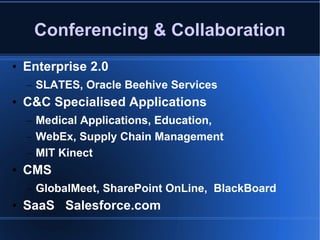 Conferencing & Collaboration Enterprise 2.0  SLATES, Oracle Beehive Services C&C Specialised Applications  Medical Applications, Education,  WebEx, Supply Chain Management MIT Kinect CMS  GlobalMeet, SharePoint OnLine,  BlackBoard SaaS  Salesforce.com 