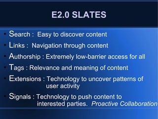 E2.0 SLATES S earch :  Easy to discover content L inks :  Navigation through content A uthorship : Extremely low-barrier access for all T ags : Relevance and meaning of content E xtensions : Technology to uncover patterns of   user activity S ignals : Technology to push content to    interested parties.  Proactive Collaboration 
