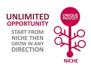 UNLIMITED
OPPORTUNITY
NICHE
UNIQUE
PRODUCT
START FROM
NICHE THEN
GROW IN ANY
DIRECTION