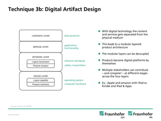 © Fraunhofer
Technique 3b: Digital Artifact Design
 With digital technology the content
and services gets separated from the
physical medium
 This leads to a modular layered
product architecture
 The modular layers can be decoupled
 Products become digital platforms by
themselves
 Multiple stakeholders can contribute
– and compete! – at different stages
across the four layers
 Ex.: Apple and amazon with iPad vs.
Kindle and iPad & Apps
cables, transmitters
network standards
application
functionality
data products
computer hardware
operating system
Source: Yoo et al. (2010).
 