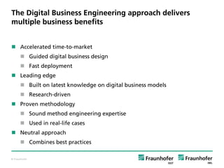 © Fraunhofer
The Digital Business Engineering approach delivers
multiple business benefits
 Accelerated time-to-market
 Guided digital business design
 Fast deployment
 Leading edge
 Built on latest knowledge on digital business models
 Research-driven
 Proven methodology
 Sound method engineering expertise
 Used in real-life cases
 Neutral approach
 Combines best practices
 